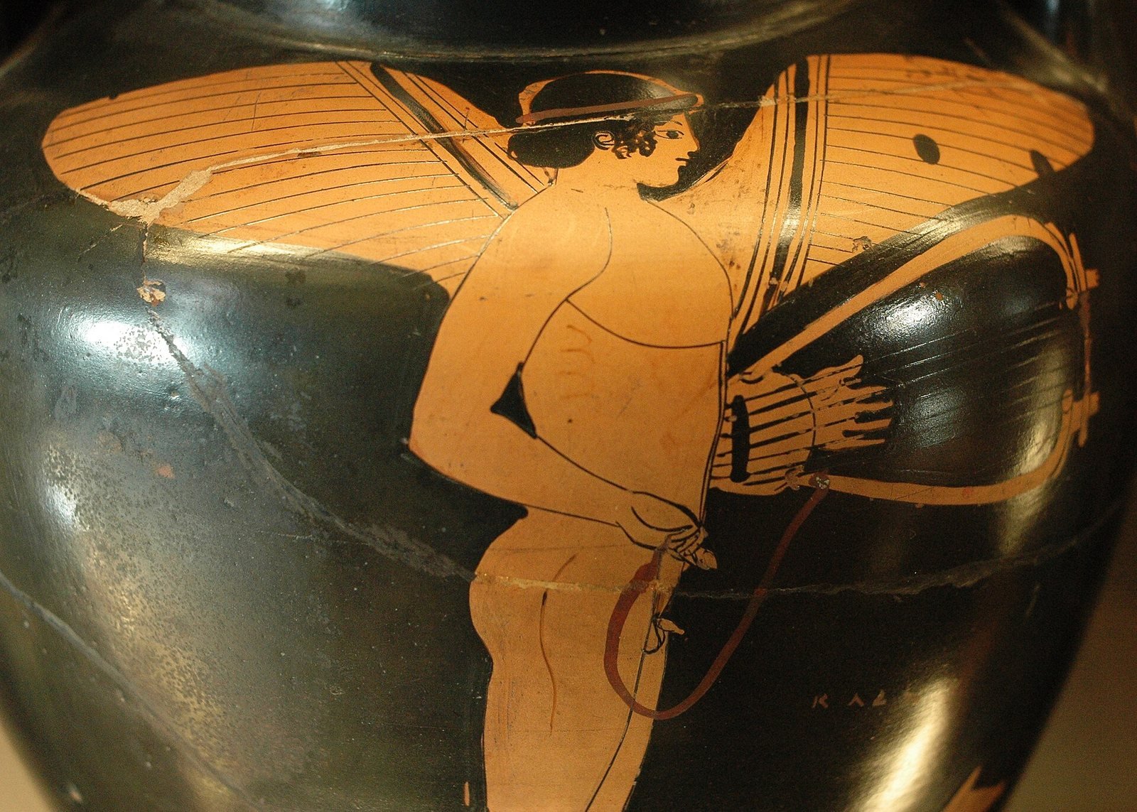 Athenian red-figure amphora, about 470 BC, attributed to the Charmides Painter. Winged Eros flies through the air with a lyre in his hands.