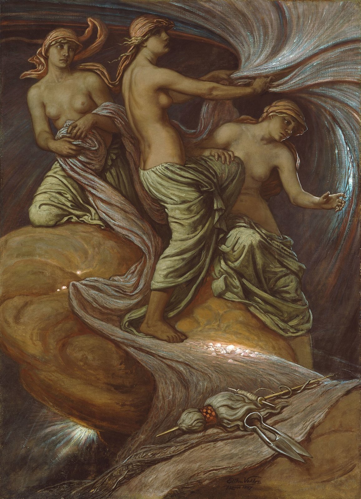 Elihu Vedder, The Fates Gathering in the Stars, 1887. Oil on canvas. The three Fates, whom the hymn calls children of black Night, gather in the stars across a dark sky.