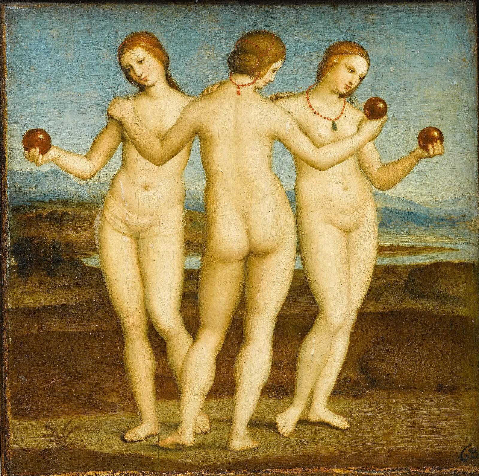 Raphael, The Three Graces, about 1504 to 1505. Oil on panel. The three sisters of the hymn stand with their arms around each other, each holding a small golden ball.