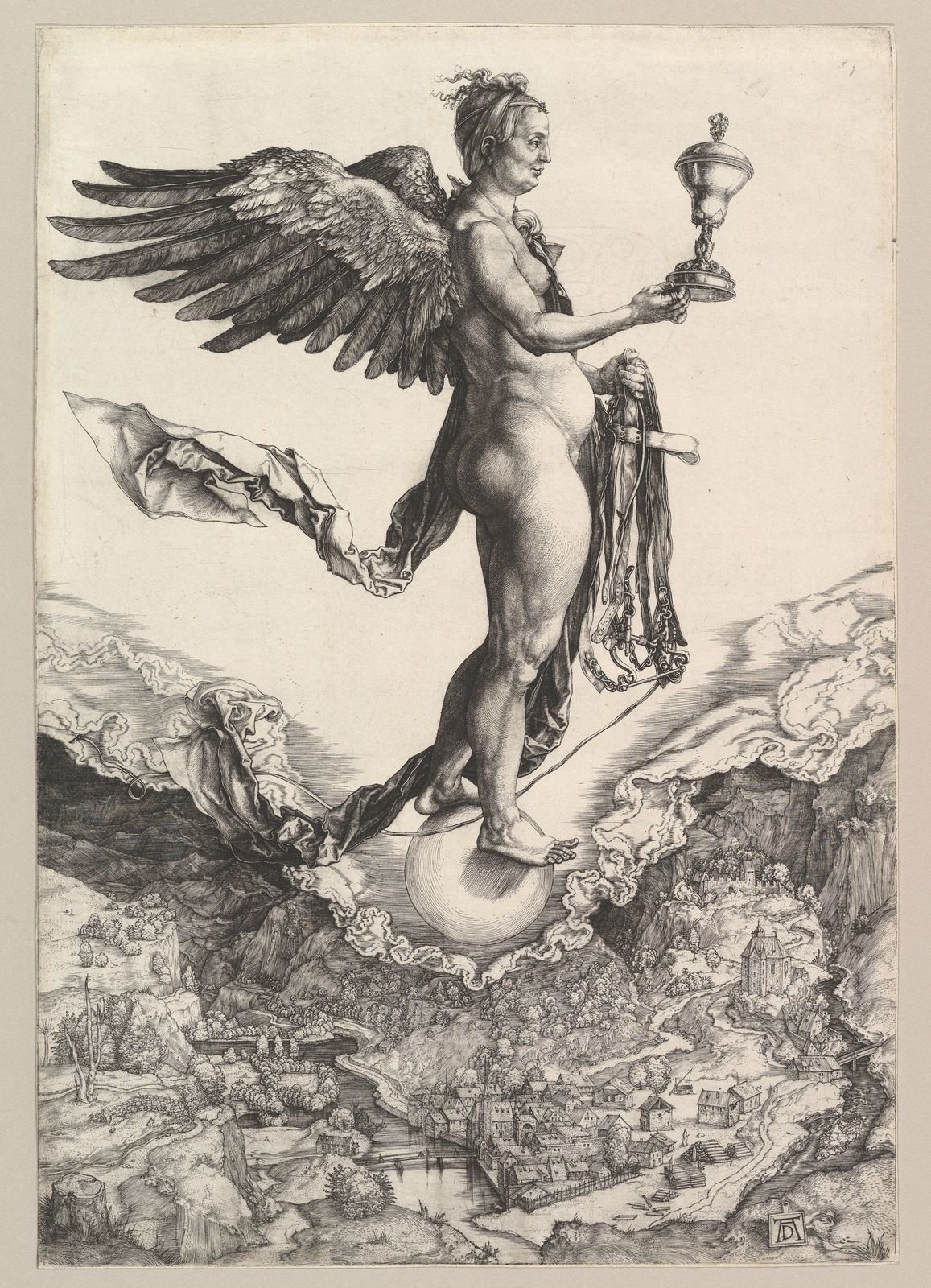 Albrecht Dürer, Nemesis (The Great Fortune), 1501 to 1502. Engraving. Winged Nemesis stands on a globe high above a mountain valley, holding a cup in one hand and a bridle in the other.