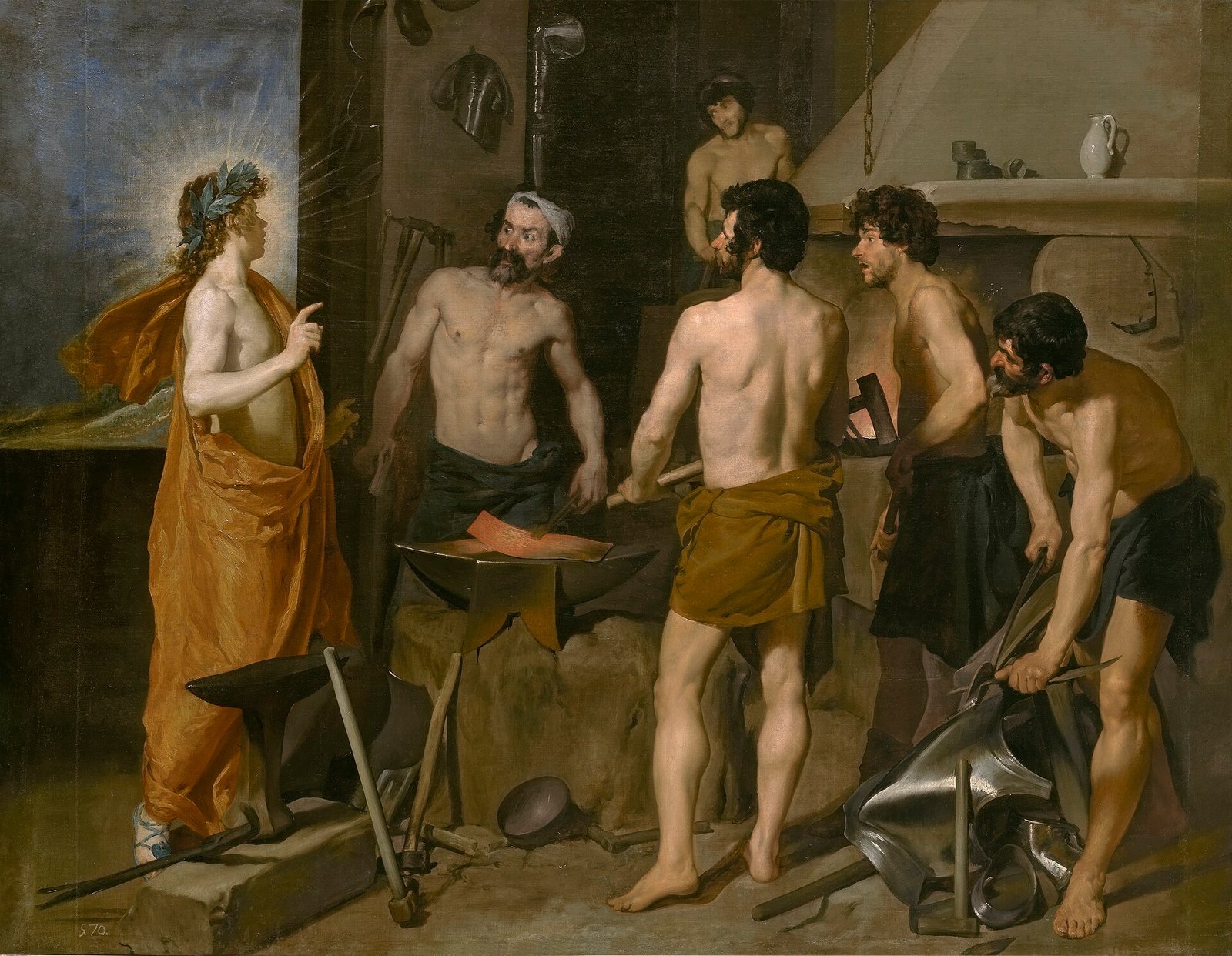Diego Velázquez, Apollo in the Forge of Vulcan, 1630. Oil on canvas. Apollo, crowned with light, tells Vulcan (Hephaestus) that his wife Venus loves Mars, and the smith god and his workmen stop their work at the forge.