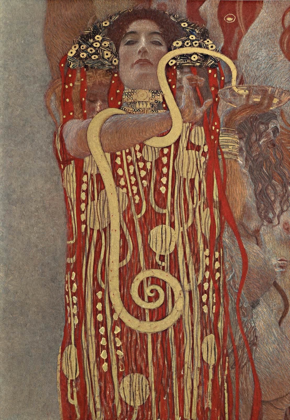 Gustav Klimt, Hygieia, detail of his painting Medicine for the University of Vienna, finished in 1907. The goddess of health holds a bowl, and a golden snake winds around her arm. The painting burned in 1945 and is known today from photographs.