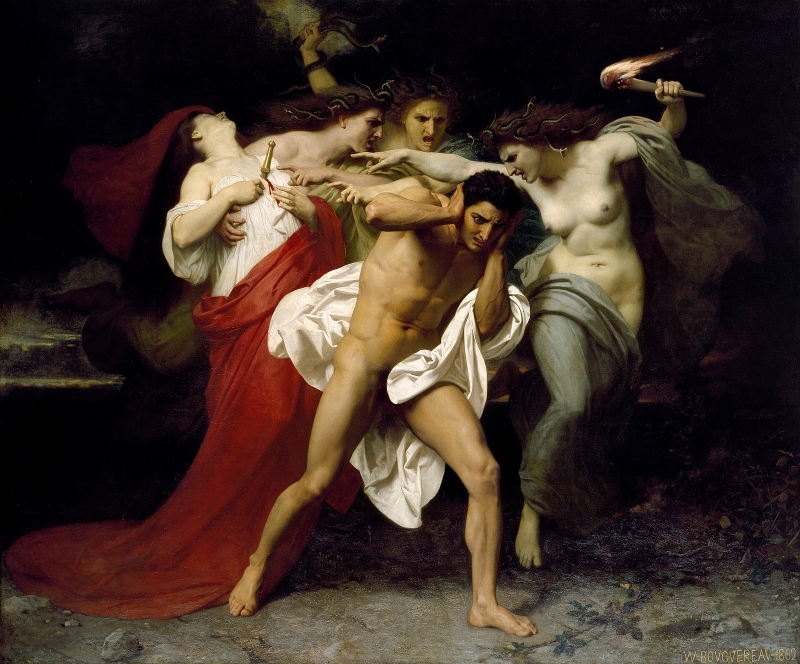 William-Adolphe Bouguereau, Orestes Pursued by the Furies, 1862. Oil on canvas. Orestes, who has killed his mother Clytemnestra, covers his ears as the Furies close in on him with snakes and a torch.