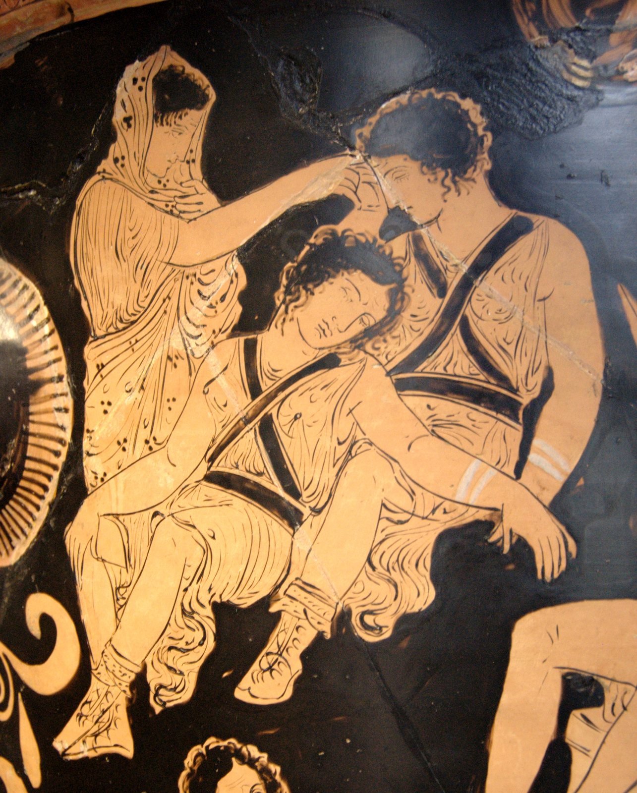 Apulian red-figure mixing bowl, 380 to 370 BC, by the Eumenides Painter. At Delphi the veiled ghost of Clytemnestra tries to wake the sleeping Furies. In Aeschylus' play The Eumenides these same Furies at last become kindly goddesses of Athens.