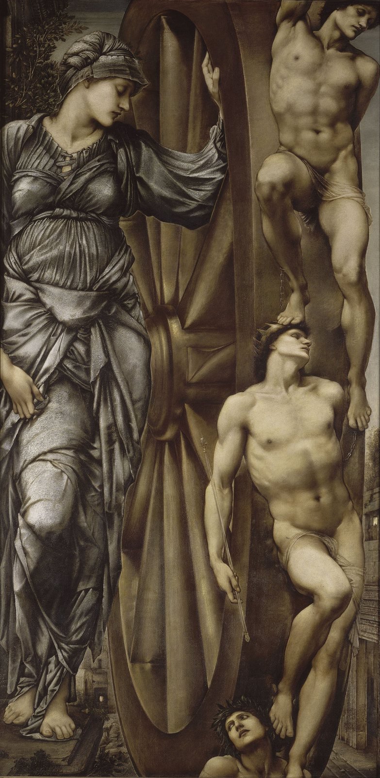 Edward Burne-Jones, The Wheel of Fortune, 1875 to 1883. Oil on canvas. Fortune, whom the Greeks called Tyche, turns her huge wheel, and the men bound to it rise and fall: a slave at the top, a king below him, a poet at the bottom.