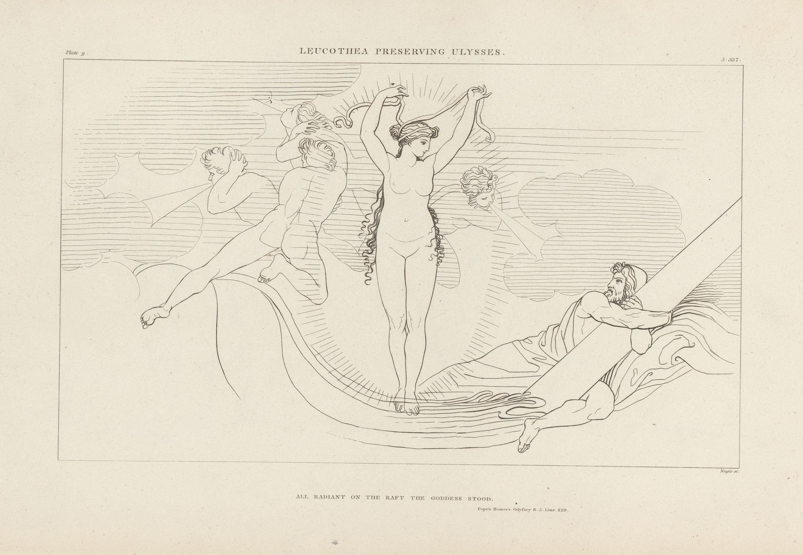 John Flaxman, Leucothea Preserving Ulysses, engraved by James Neagle, 1805. The sea goddess appears in a burst of light above the waves and holds up the veil that will keep Odysseus from drowning, as he clings to a beam of his wrecked raft in Homer's Odyssey, book 5.