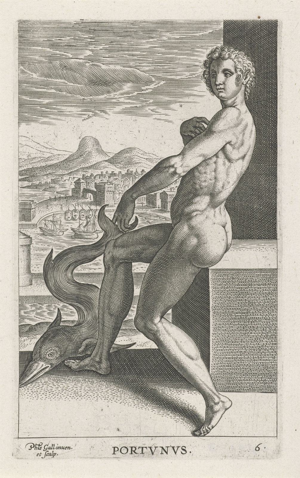 Philips Galle, Portunus, 1586. Engraving. The Romans called Palaemon by the name Portunus, god of harbors. The young god sits above a busy port holding a dolphin, the animal that carried him to land in the Greek story.