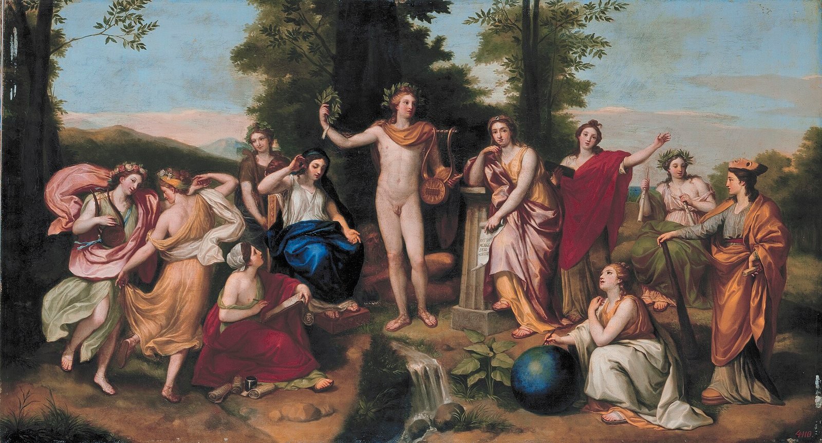 Anton Raphael Mengs, Parnassus, 1761 or later. Oil on panel. Apollo stands at the center among the nine Muses, and their mother Mnemosyne sits beside him in blue. Mengs painted the same scene on a ceiling of the Villa Albani in Rome.