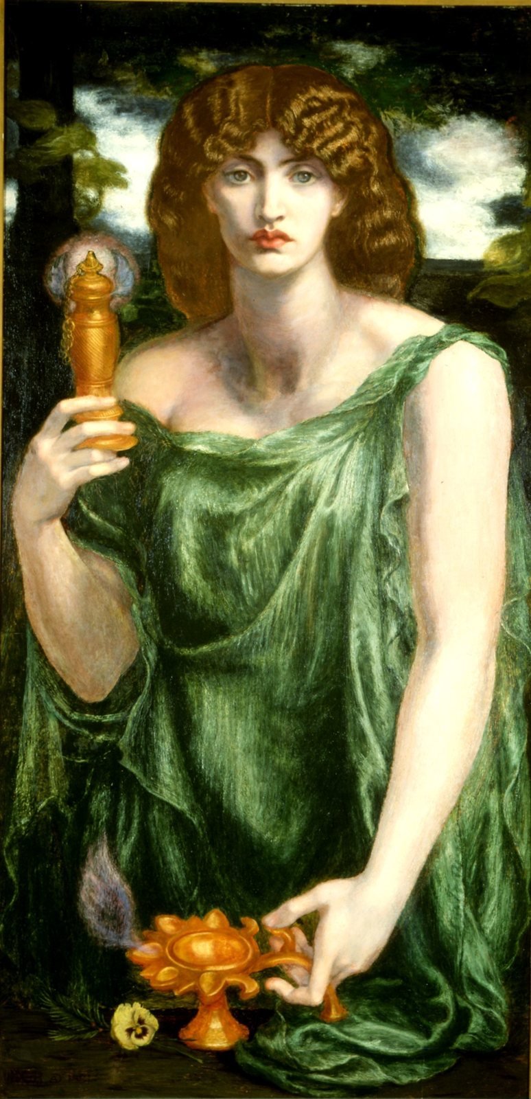 Dante Gabriel Rossetti, Mnemosyne, 1881. Oil on canvas. The goddess of Memory holds up the winged cup of the soul; Rossetti's own couplet on the frame says she fills her lamp from it.