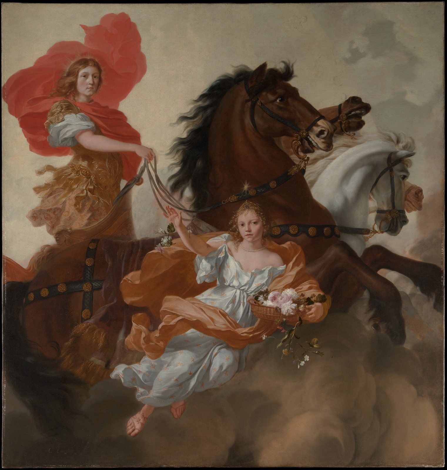 Gerard de Lairesse, Apollo and Aurora, 1671. Oil on canvas. Aurora, the Dawn, floats ahead scattering flowers from a basket, while Apollo drives the horses of the sun behind her.
