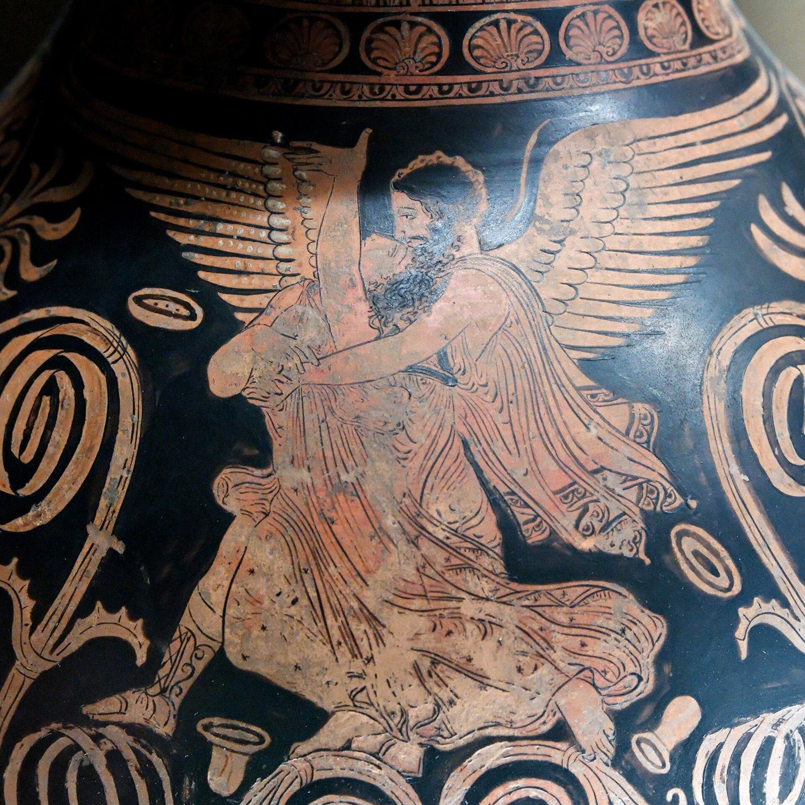 Apulian red-figure jug, about 360 BC, by the Salting Painter. Boreas, the North Wind, bearded and winged, carries off Oreithyia, a princess of Athens.