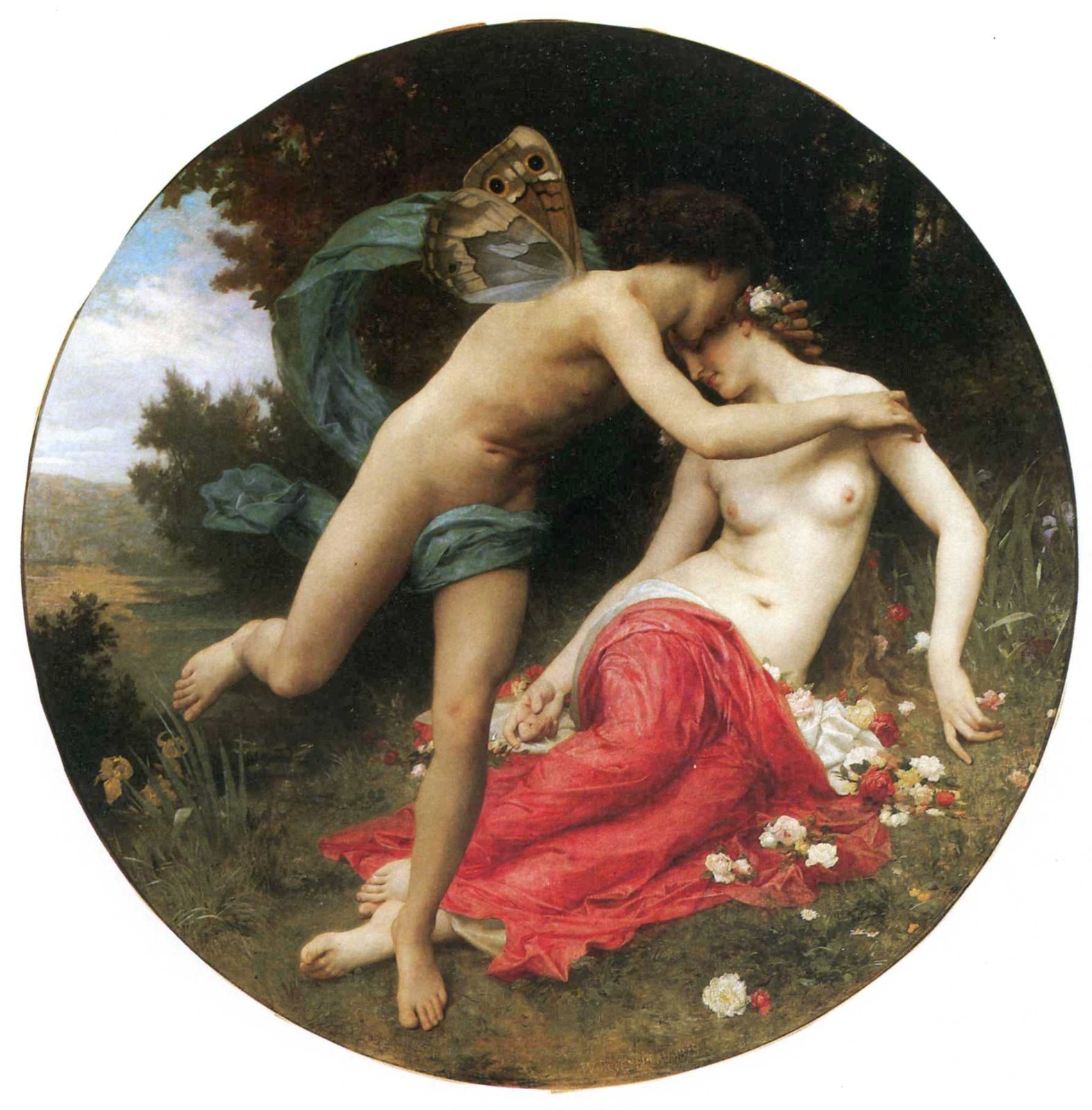 William-Adolphe Bouguereau, Flora and Zephyr, 1875. Oil on canvas. Zephyr, the West Wind, with butterfly wings, embraces Flora, goddess of flowers, in a spring meadow strewn with roses.
