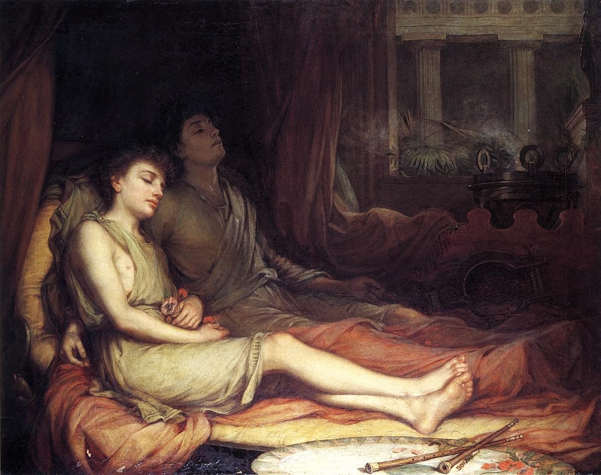 John William Waterhouse, Sleep and his Half-Brother Death, 1874. Oil on canvas. Sleep lies in the light with poppies in his hand, while his brother Death rests beside him in shadow.