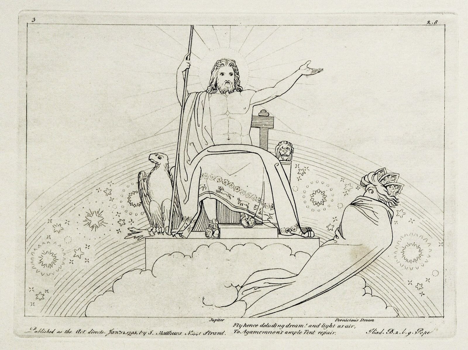 John Flaxman, Jupiter Sending the Evil Dream to Agamemnon, designed 1793, engraved by Tommaso Piroli, published 1795. Zeus sends the Dream flying to Agamemnon's tent. In Homer he calls it baneful Dream, the same words this hymn uses.
