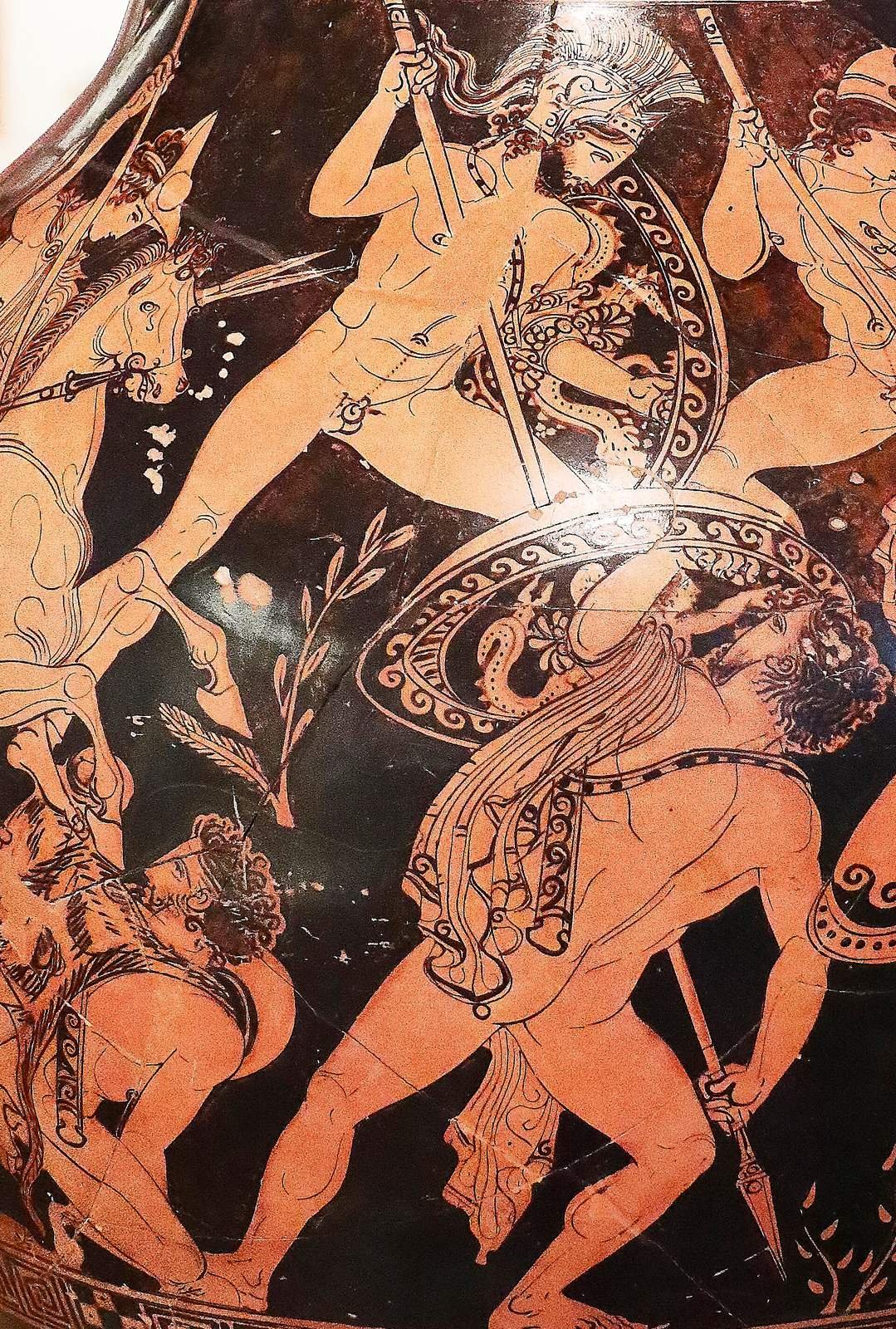 Athenian red-figure pelike, about 400 BC, in the manner of the Pronomos Painter. Ares, armed with helmet, shield and spear, attacks the Giants from above in the battle of gods and Giants.