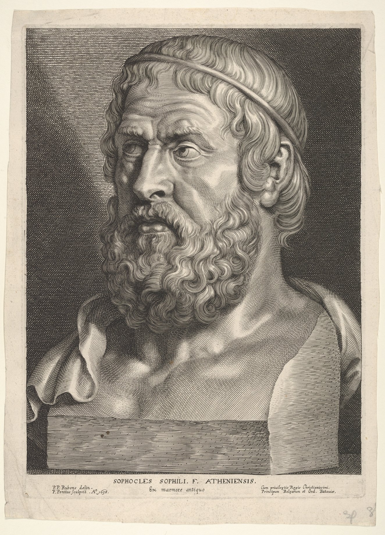 Sophocles, engraved from Rubens's drawing of an ancient bust — Athenaeus, The Learned Banqueters (Deipnosophistae)