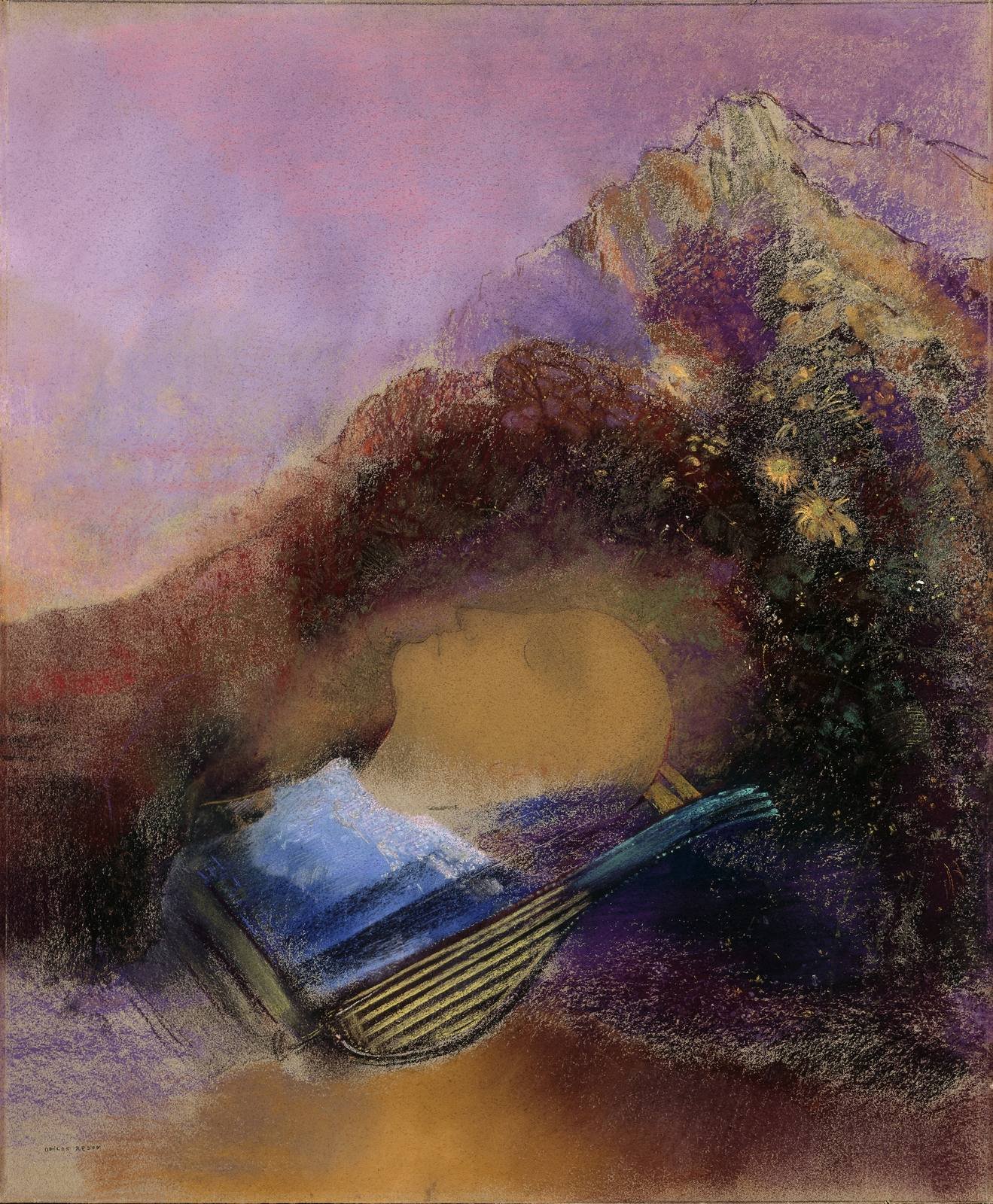 Odilon Redon, Orpheus, about 1903 to 1910. Pastel. The singer's severed head rests on his lyre, still singing.