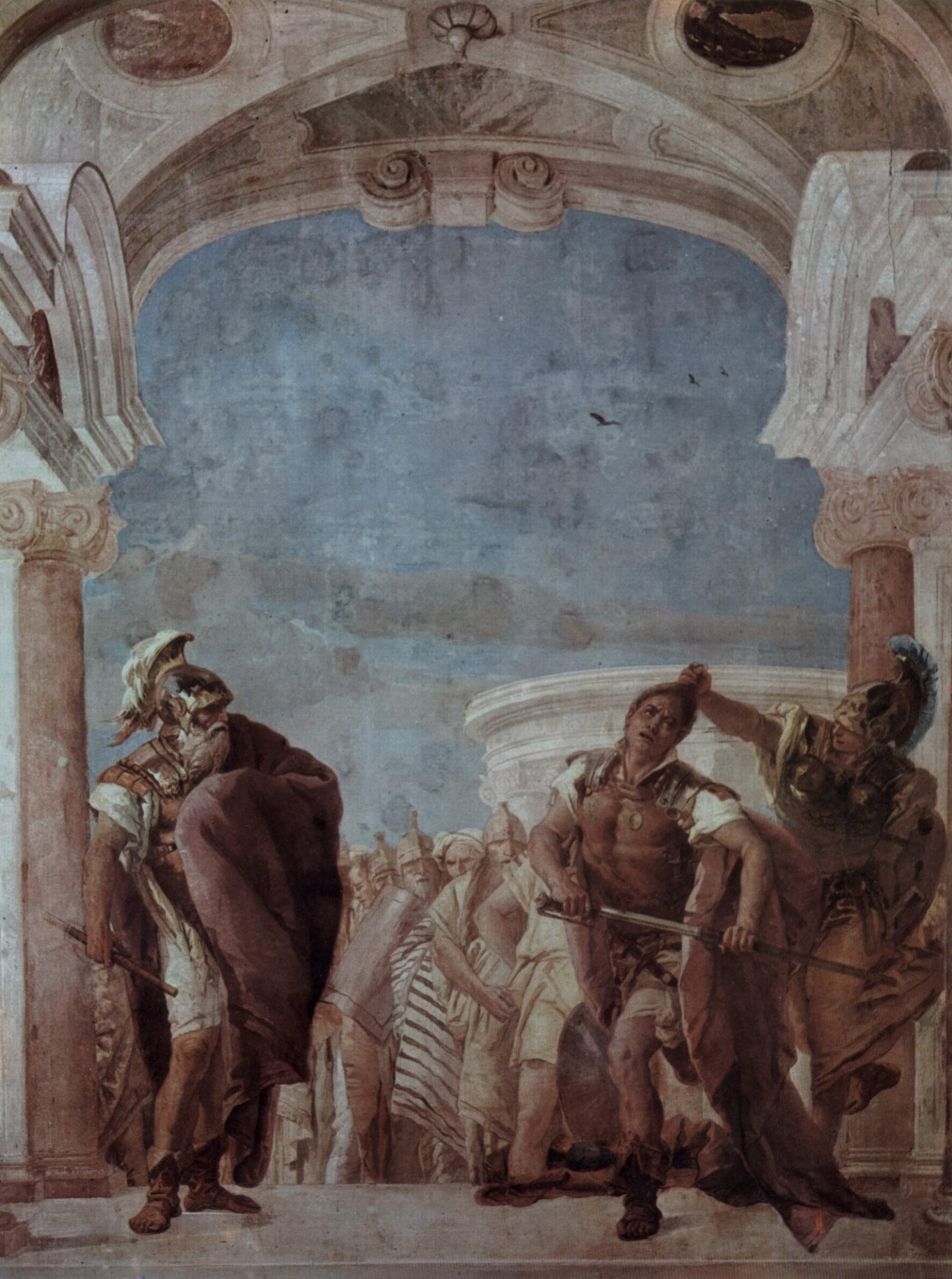 The wrath begins: Athena seizes Achilles by the hair as he draws on Agamemnon (Iliad 1.197)