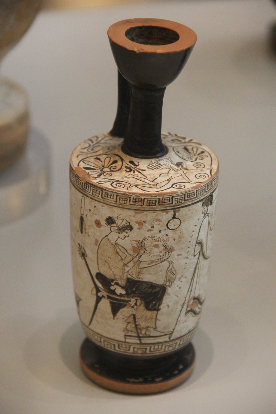 A white-ground lekythos, the oil flask Athenians left at graves — Thucydides, History of the Peloponnesian War