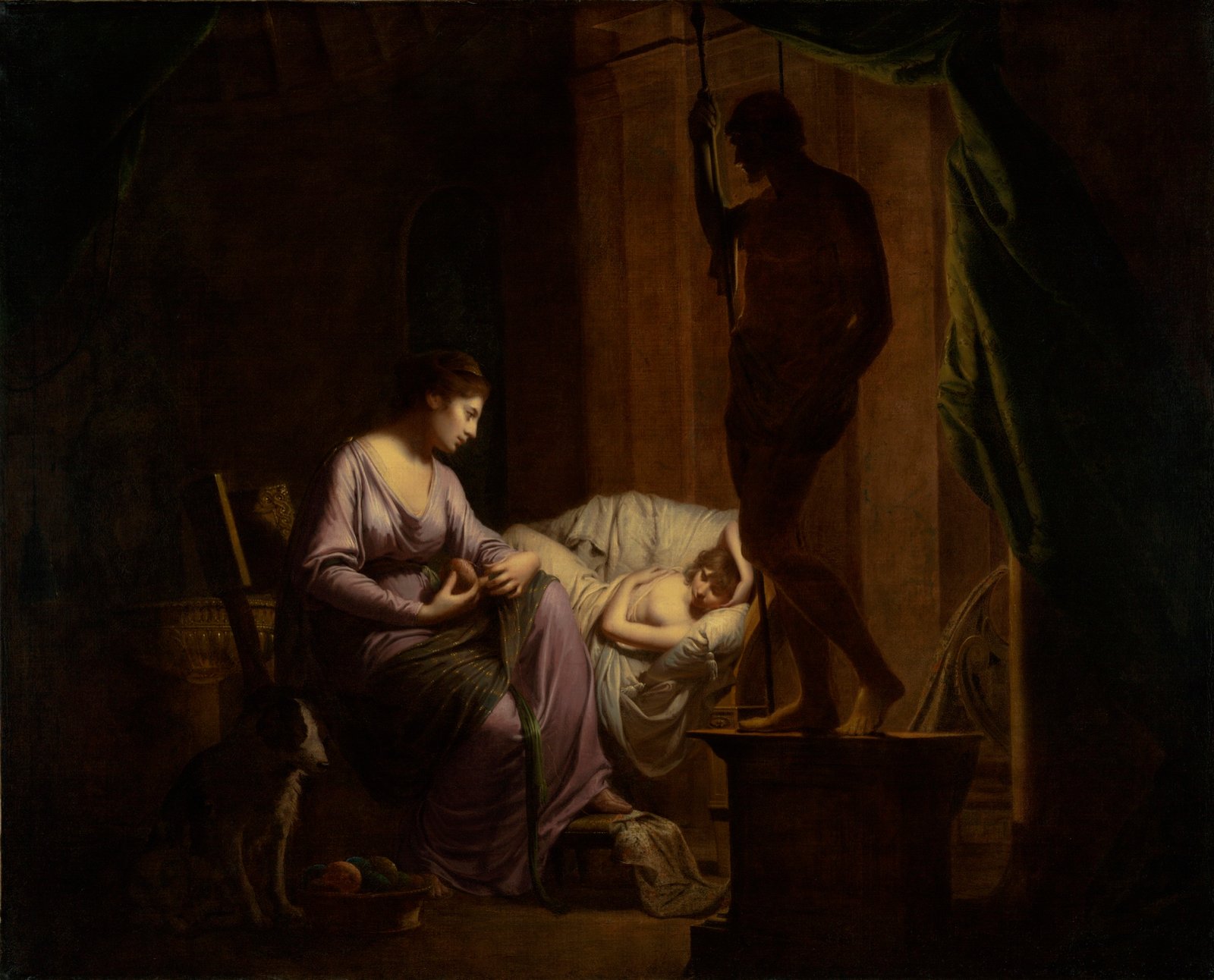 Penelope unravels her web by lamplight, Telemachus asleep at her knee — Odyssey